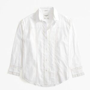 Abercrombie & Fitch Oversized Lace-Trim Embroidered Button-Up Shirt White